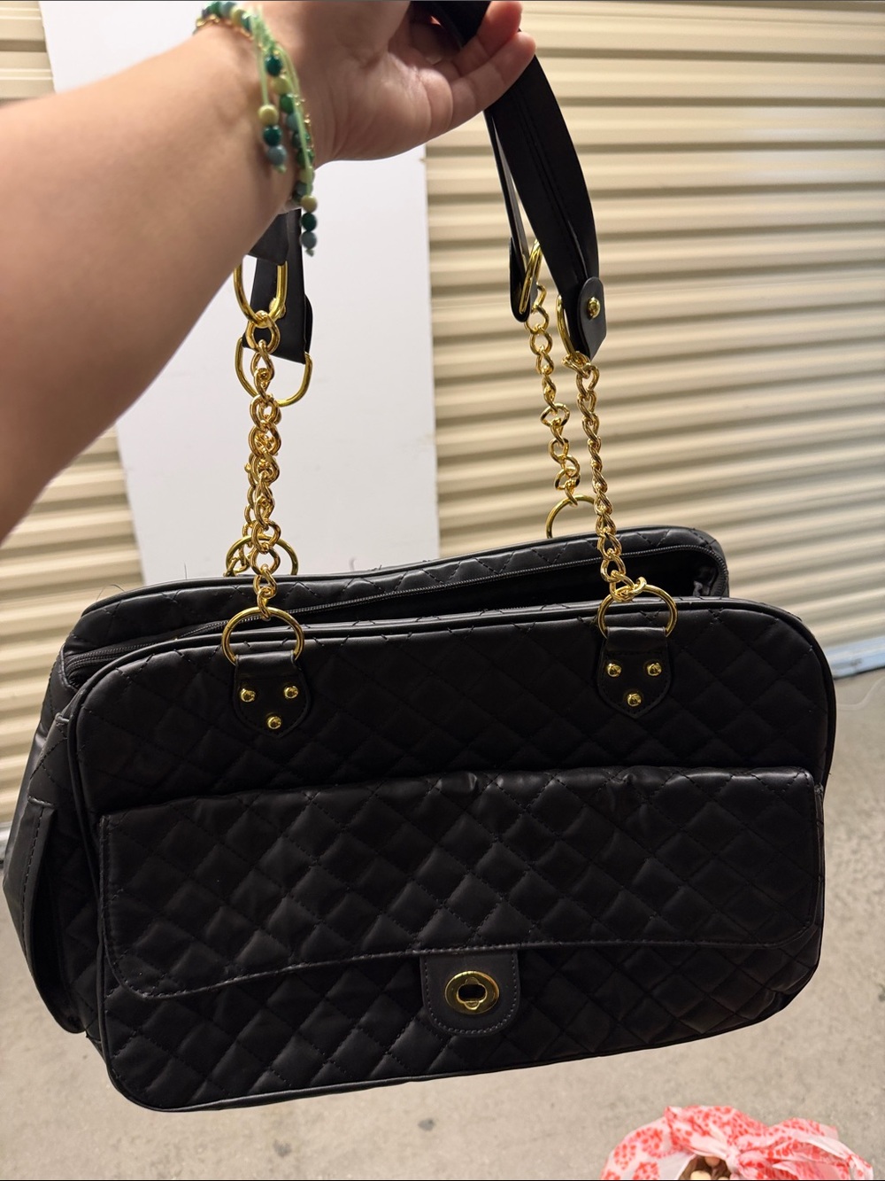 Pet Black Quilted Shoulder Bag with Gold Chain Hardware
